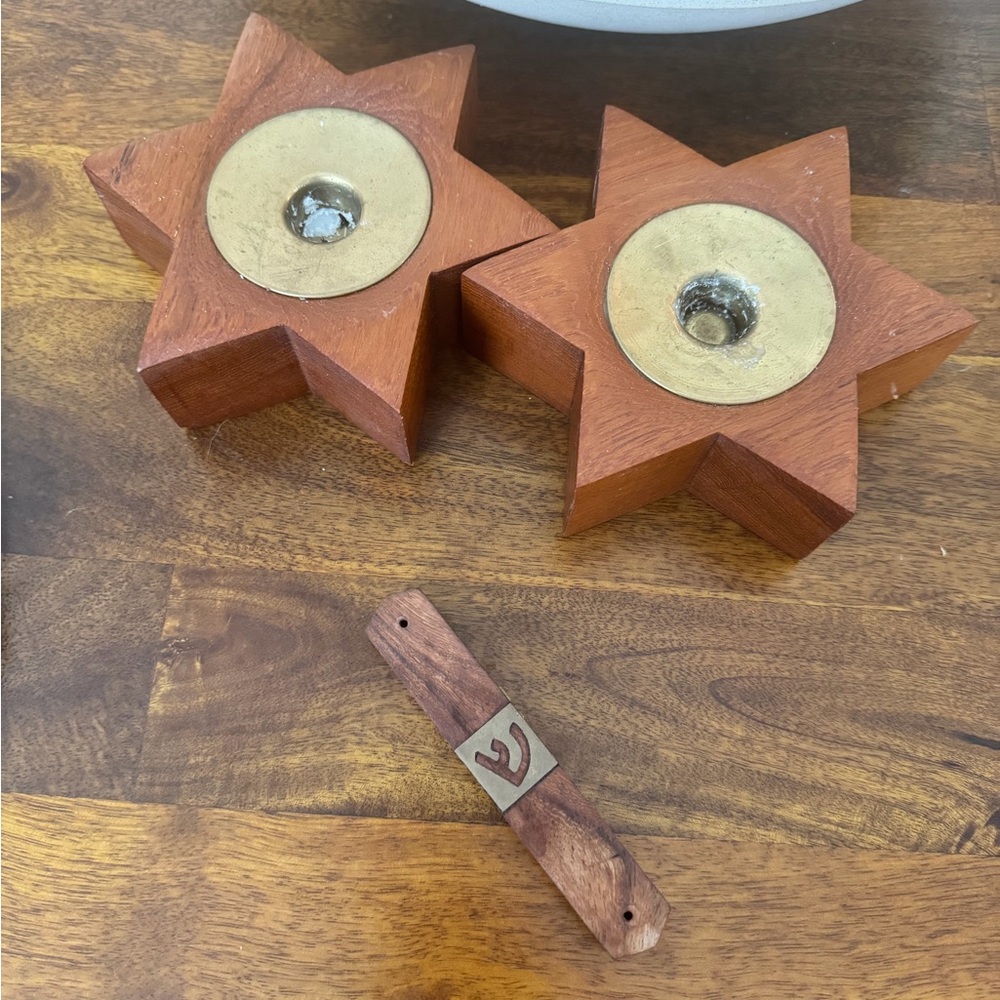 Wooden Star Candle Holders with Brass Accents and Mezuzah